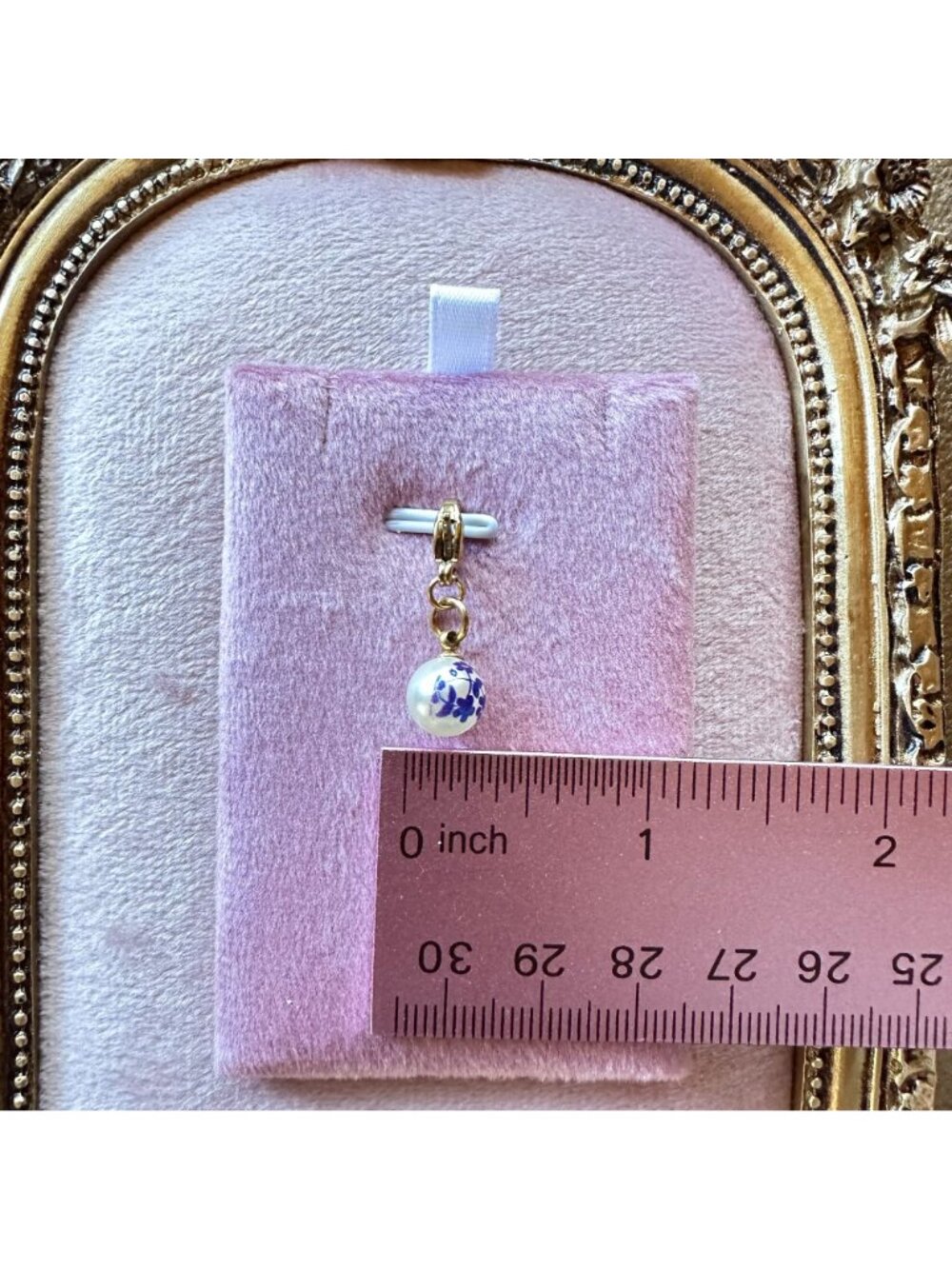 18K PVD Gold White Glass Bead Charm With Blue Floral Print & Gold Lobster Clasp - Picture 5 of 11